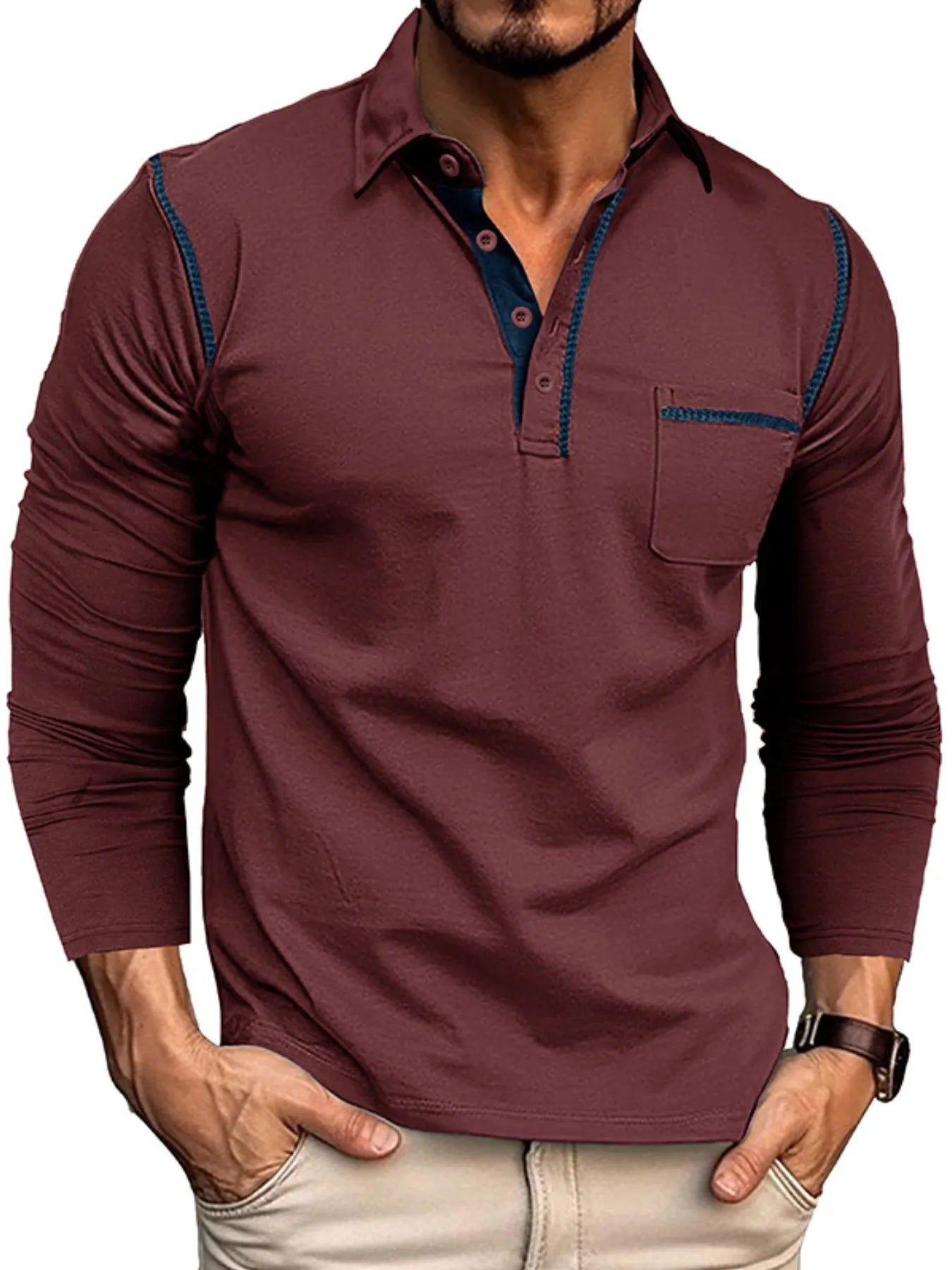 Men's Long Sleeve Polo Shirt with Contrast Stitching.