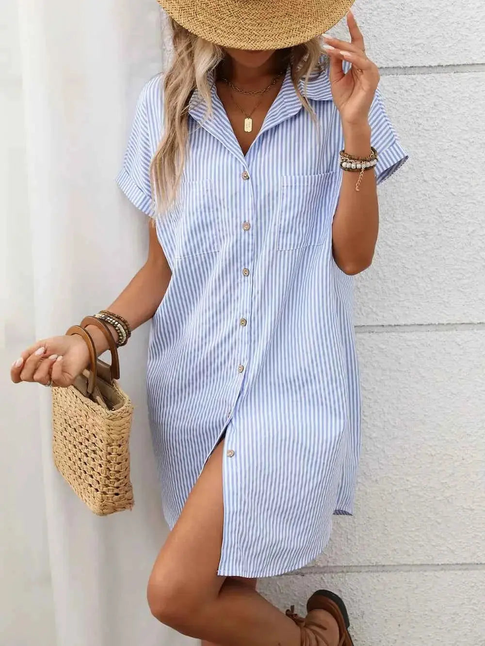 Striped Button Down Short Sleeve Mini Dress.