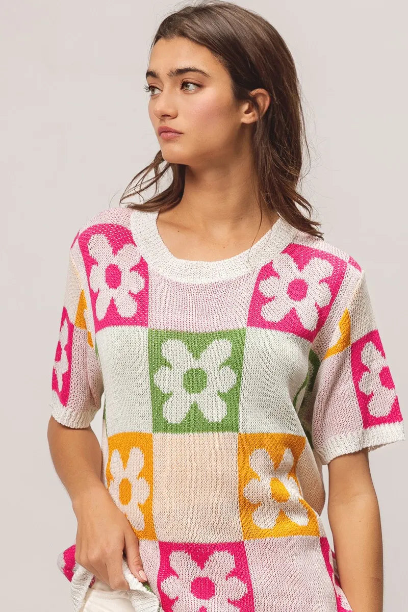 Flower Checker Pattern Lightweight Sweater Top.