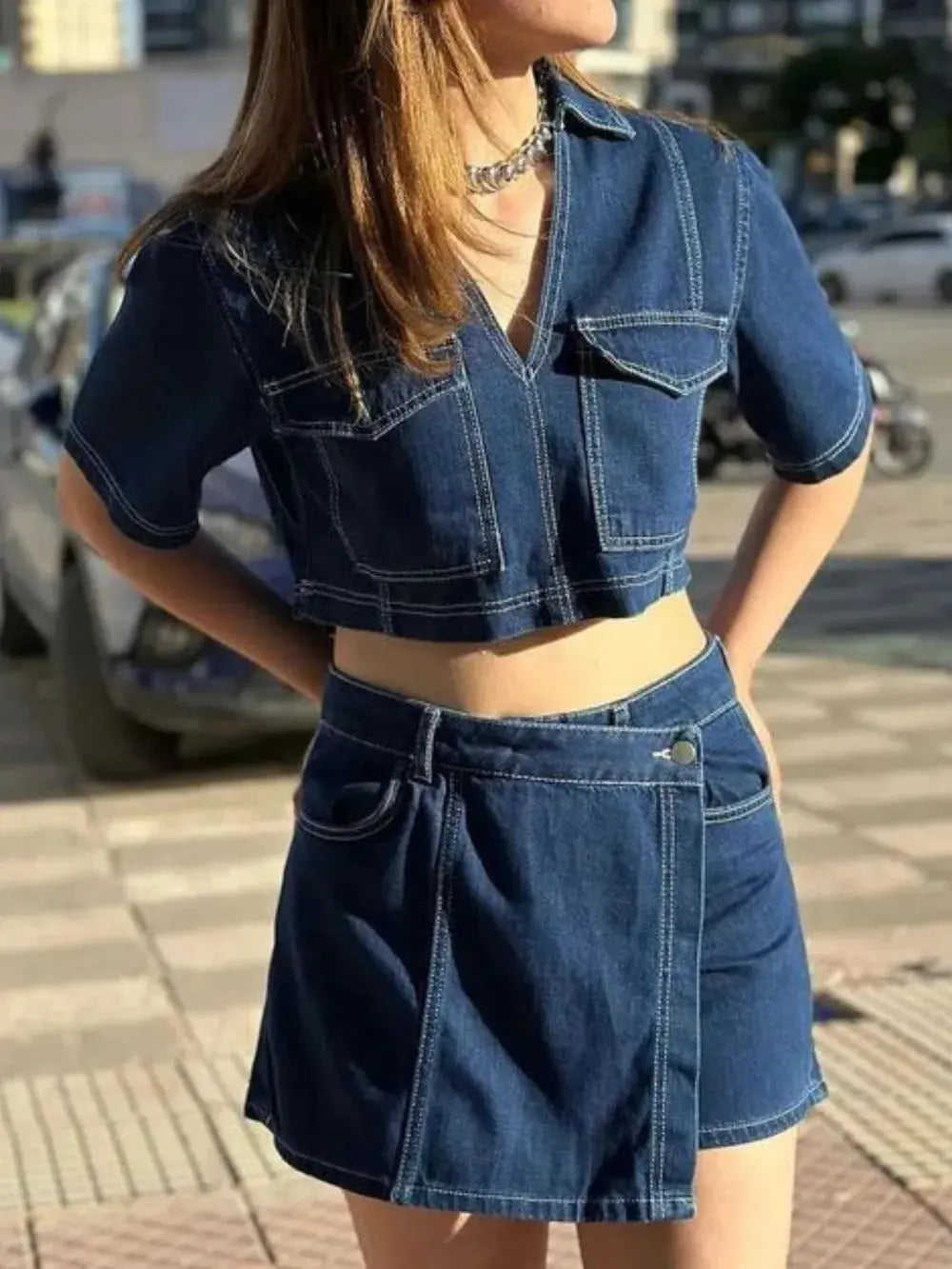Johnny Collar Short Sleeve Top and Skort Denim Set.