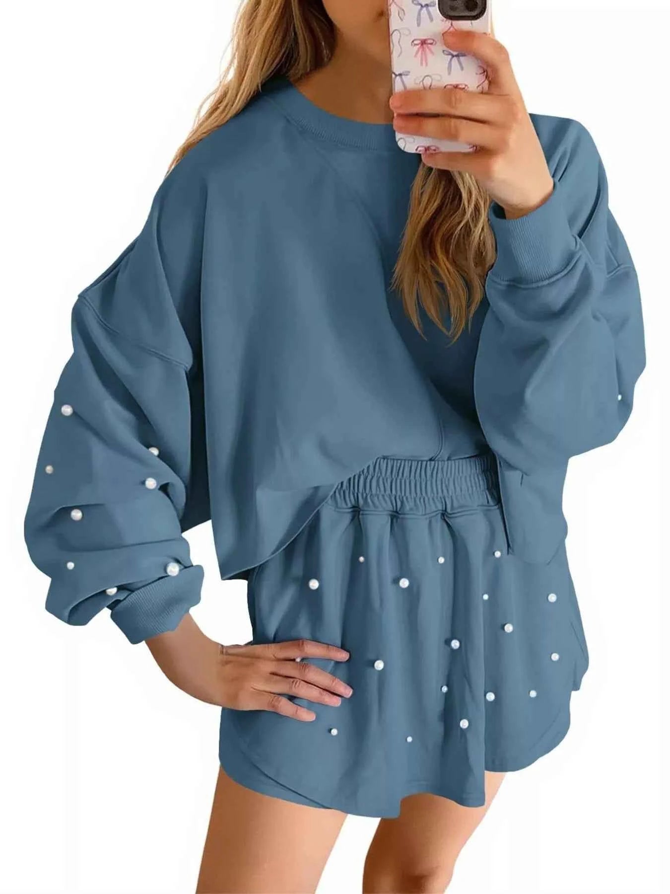 Pearl Embellished Round Neck Top and Skort Set