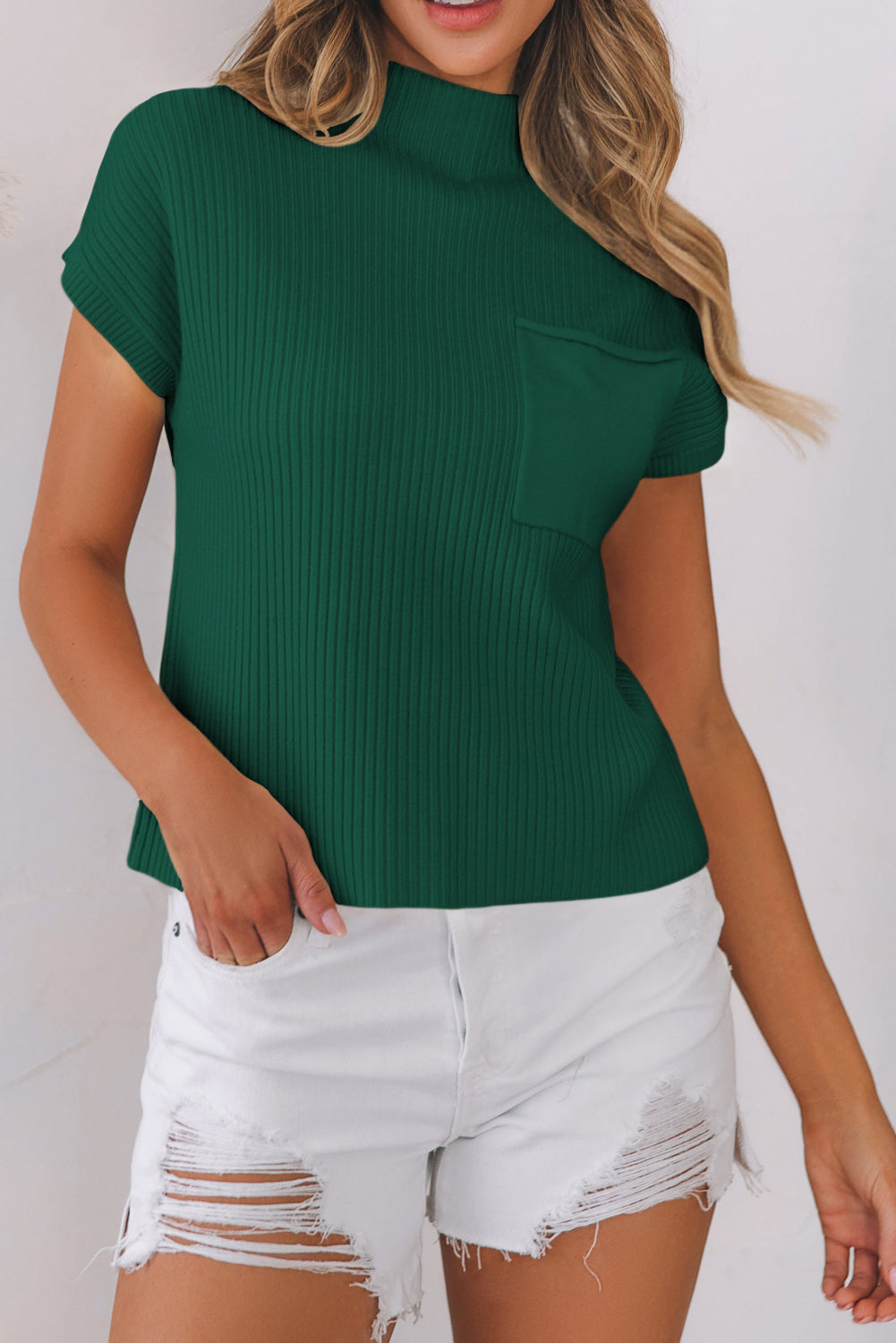 Blackish Green Patch Pocket Ribbed Knit Short Sleeve Sweater Dear-Lover Dropshipping