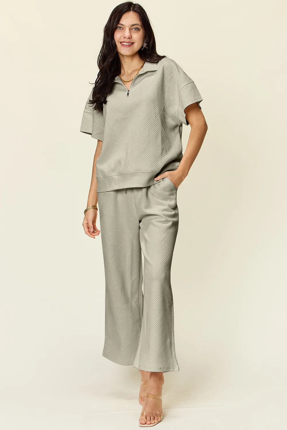 Full Size Texture Half Zip Short Sleeve Top and Pants Set.