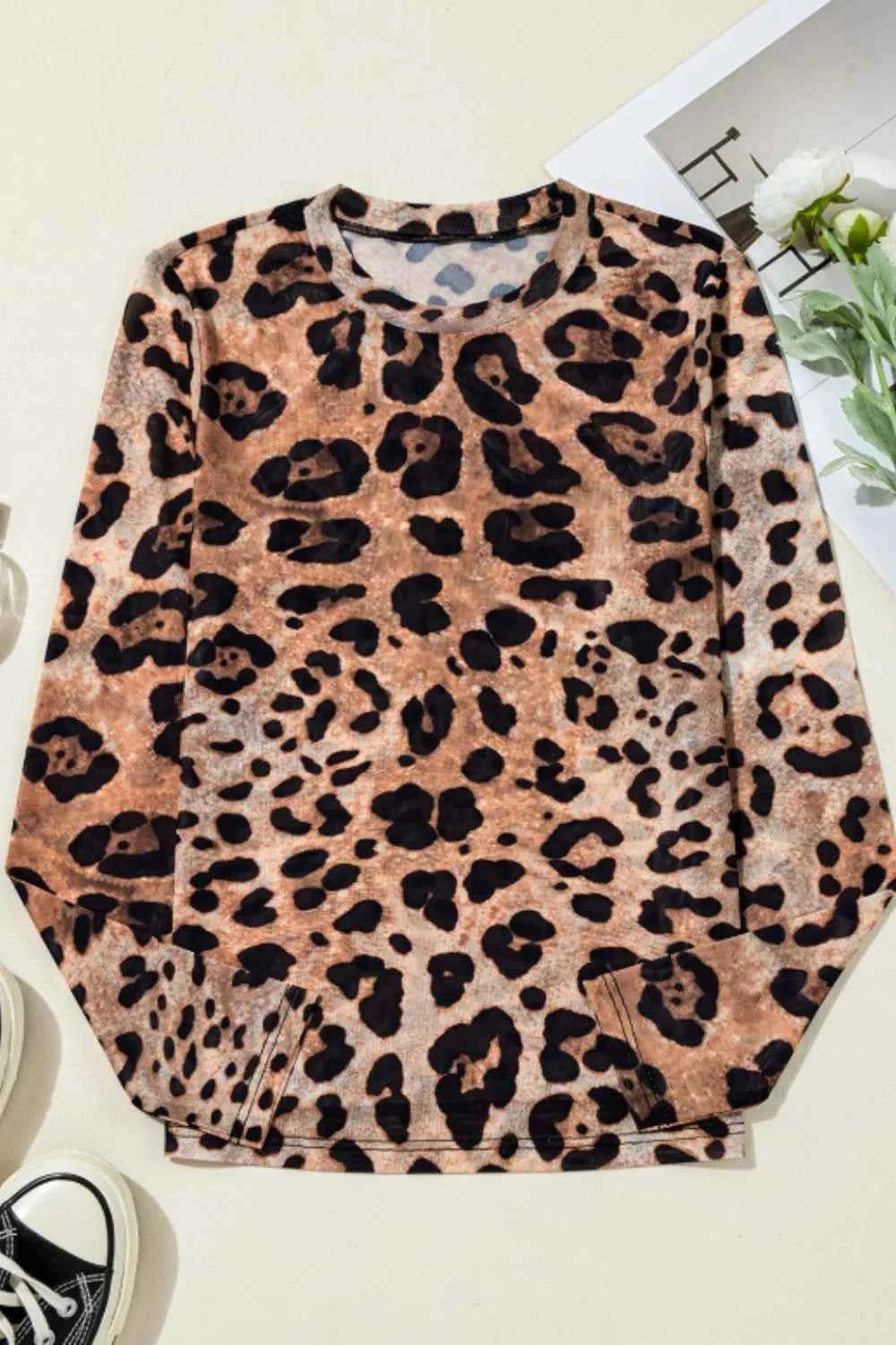 Leopard Round Neck Long Sleeve Blouse