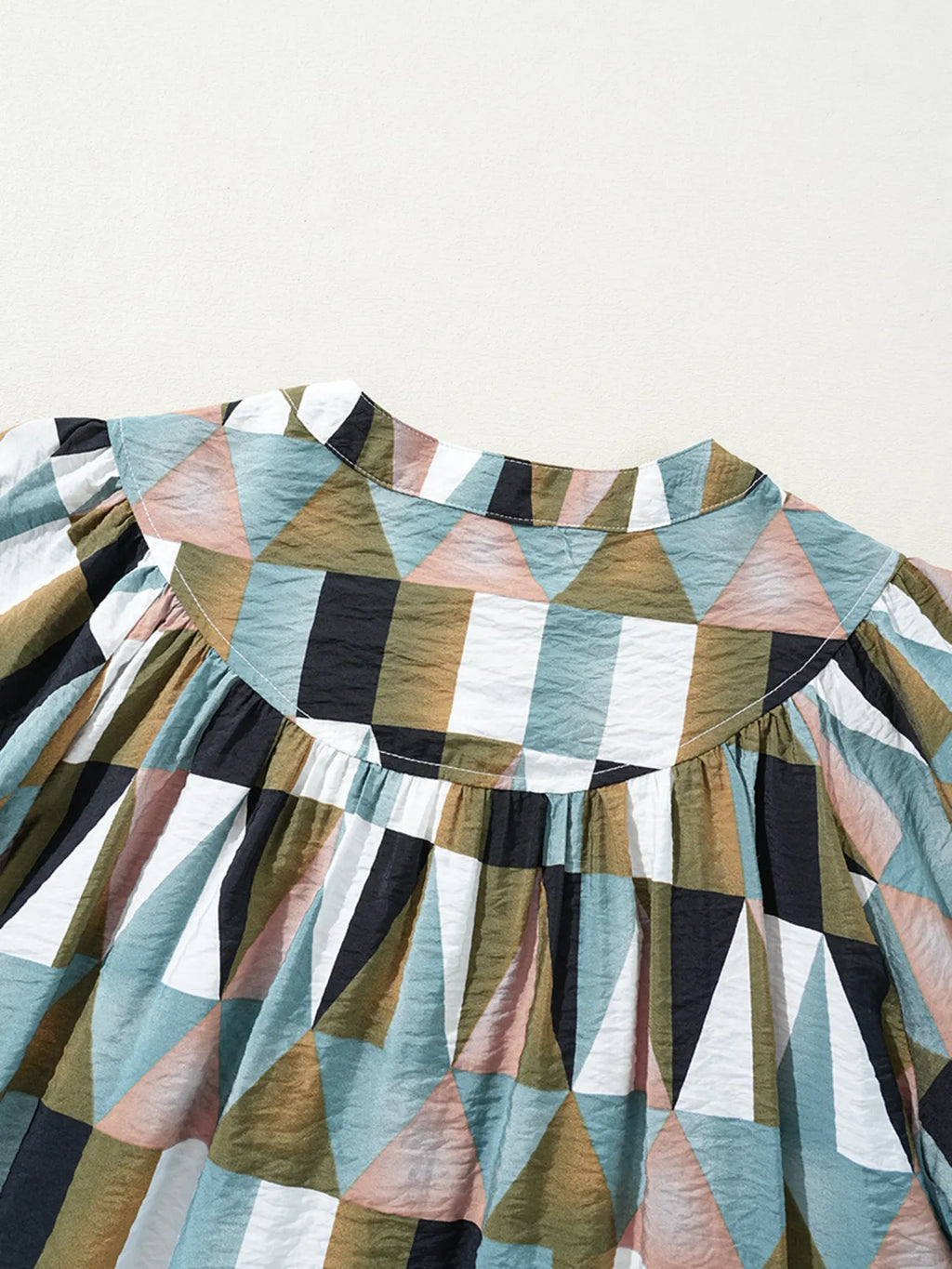 Geometric Print Buttoned Balloon Sleeve Loose Fit Shirt.