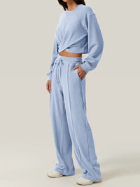 Crisscross Round Neck Top and Drawstring Pants Set.