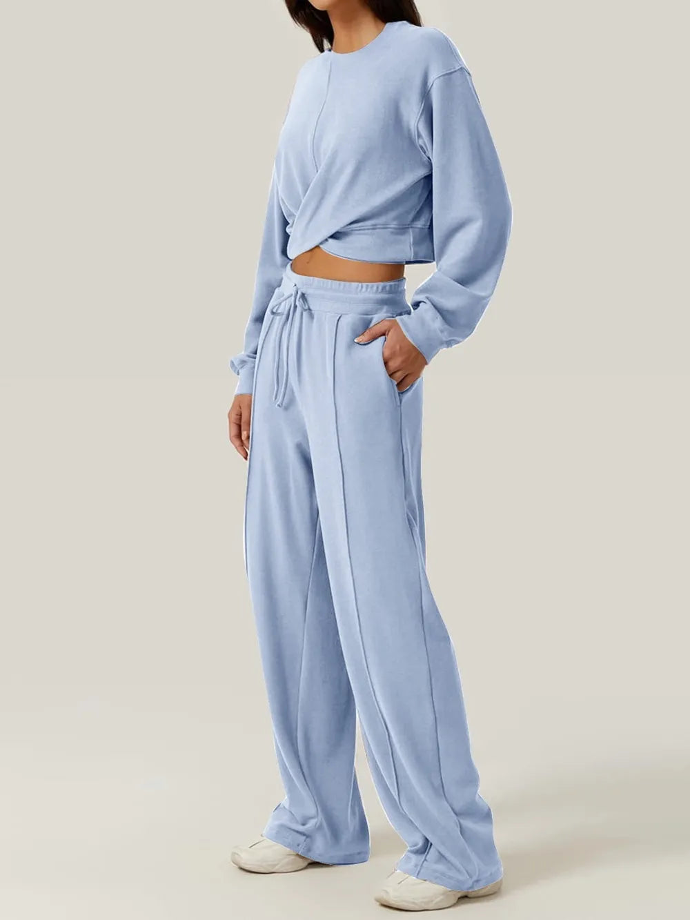 Crisscross Round Neck Top and Drawstring Pants Set.