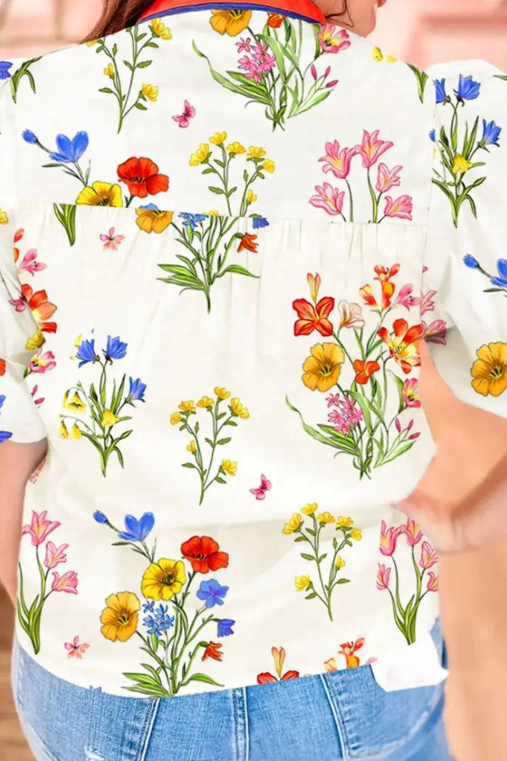 Floral Short Puff Sleeve Notched Blouse.