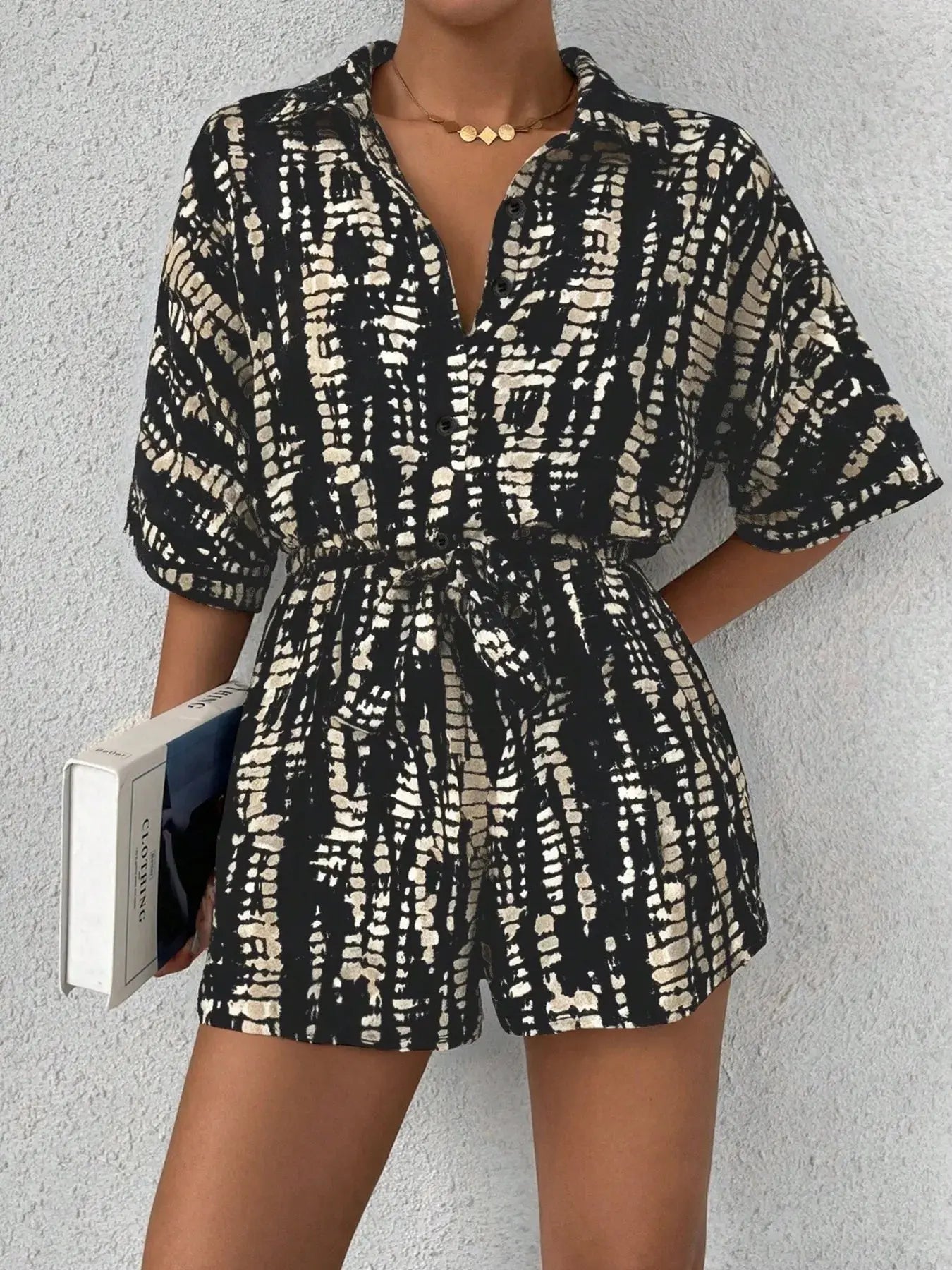 Tie Dye Print Collar Neck Short Sleeve Romper.