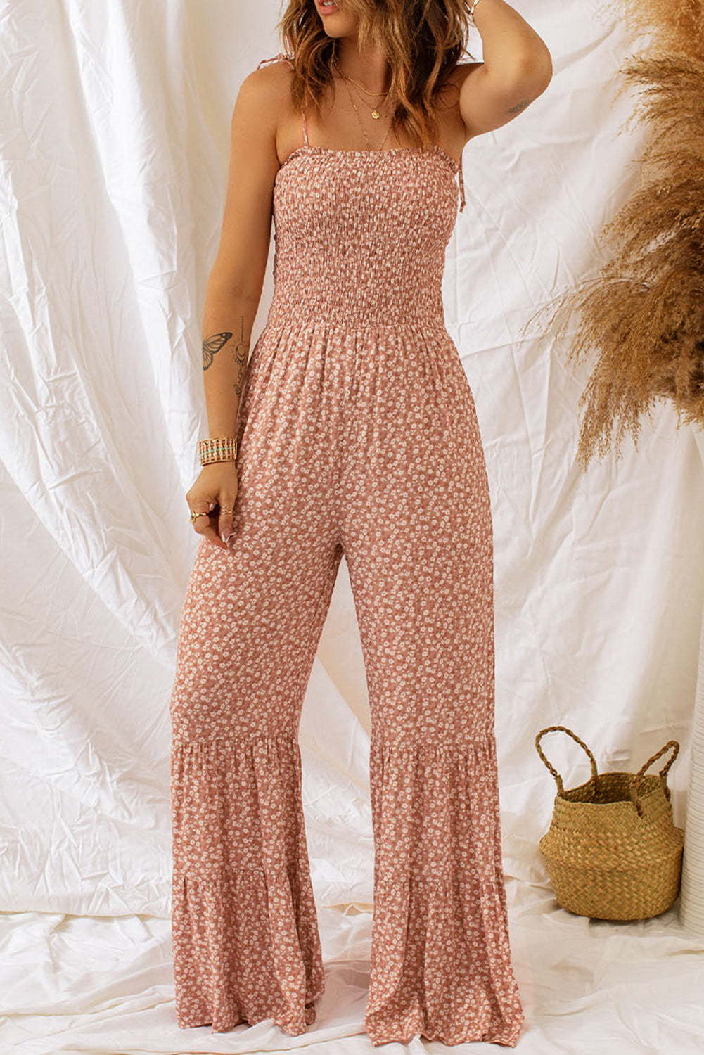 Khaki Thin Straps Smocked Bodice Wide Leg Floral Jumpsuit Dear-Lover Dropshipping