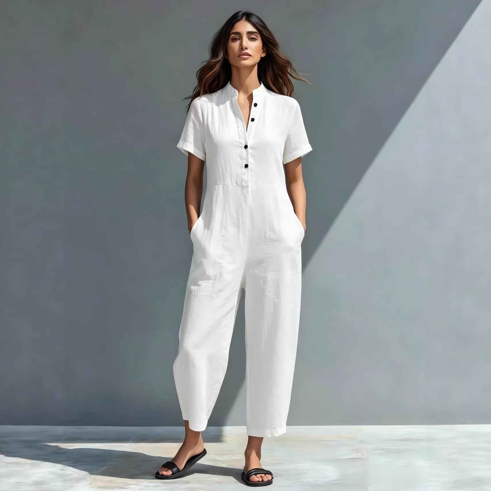 Simple Linen-blend Buttoned Stand Collar Short-sleeve Loose Jumpsuit