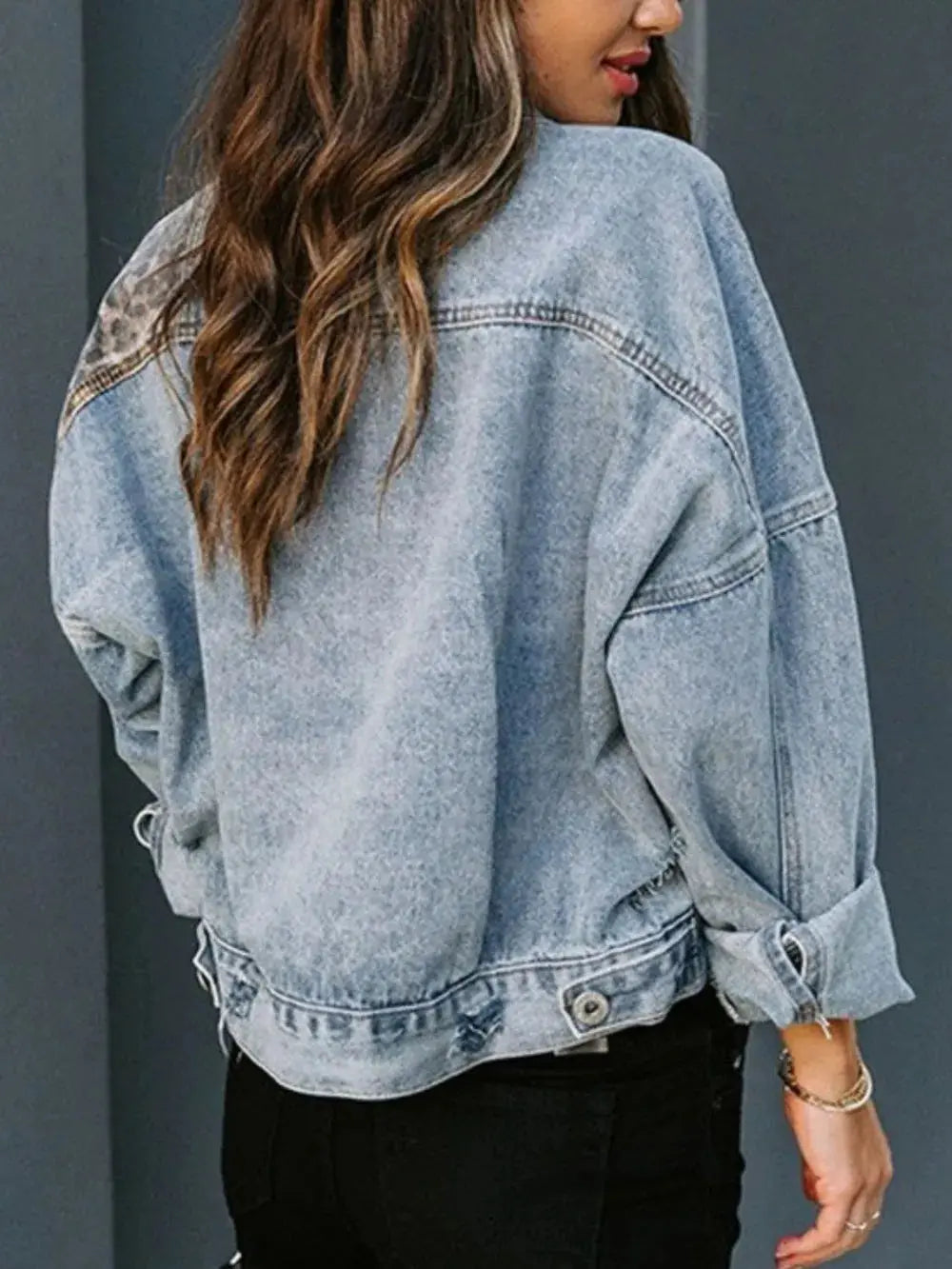 Leopard Drop Shoulder Denim Jacket.