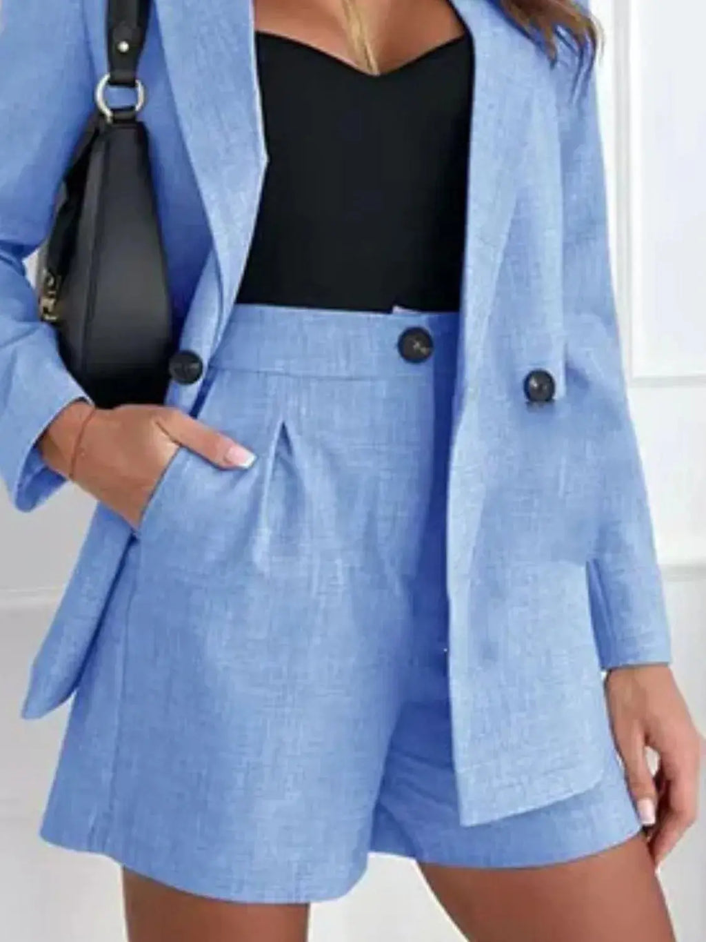 One Button Lapel Collar Blazer and Shorts Set WOMEN - CHIC TB