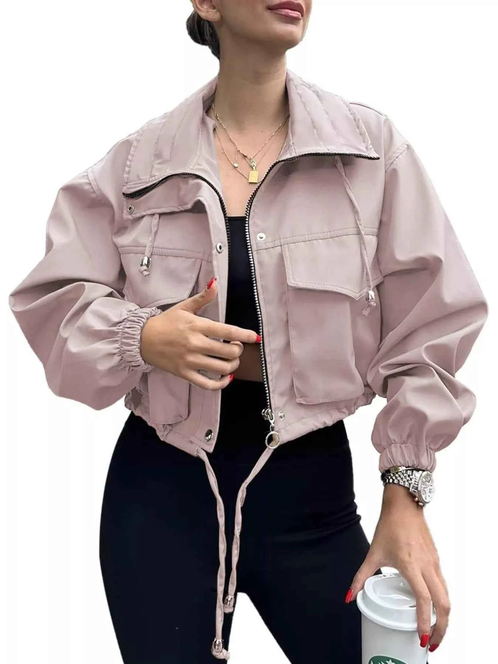 Drawstring Hem Zip Up Jacket