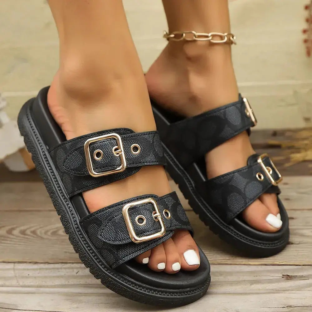 Open Toe Double Buckle Sandals.