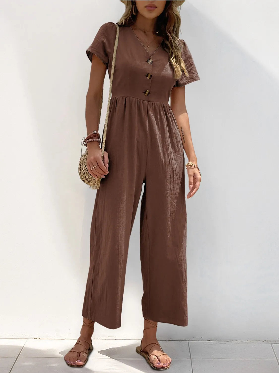 V-Neck Short Sleeve Wide Leg Jumpsuit.