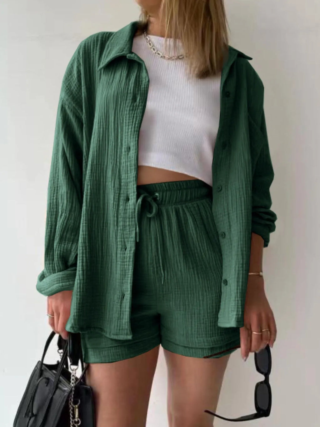 Textured Button Up Shirt and Shorts Set.