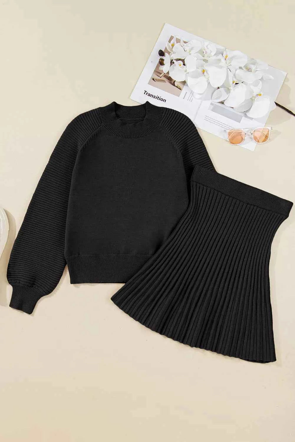 Round Neck Top and Skirt Sweater Set