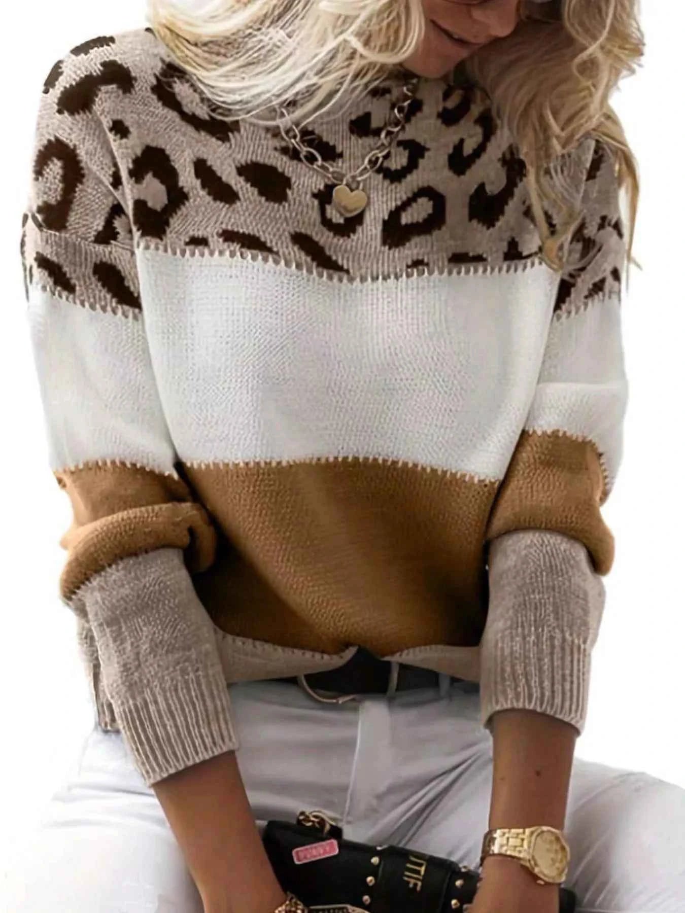 Full Size Leopard Color Block Long Sleeve Sweater Plus Size