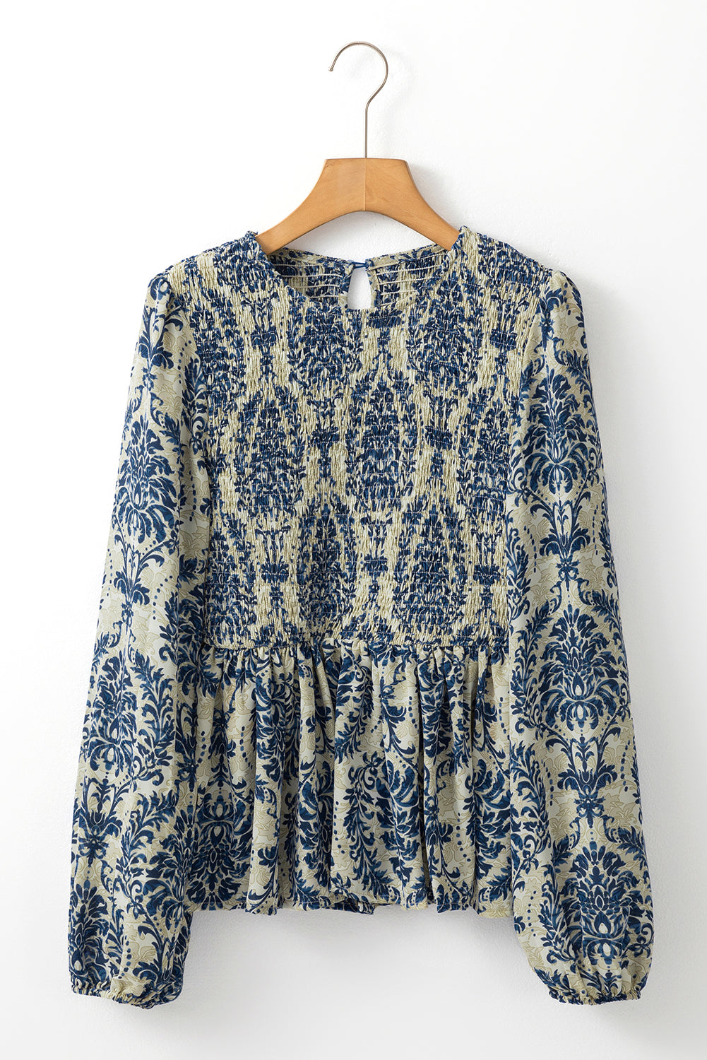 Sky Blue Boho Printed Balloon Sleeve Smocked Peplum Blouse Dear-Lover Dropshipping