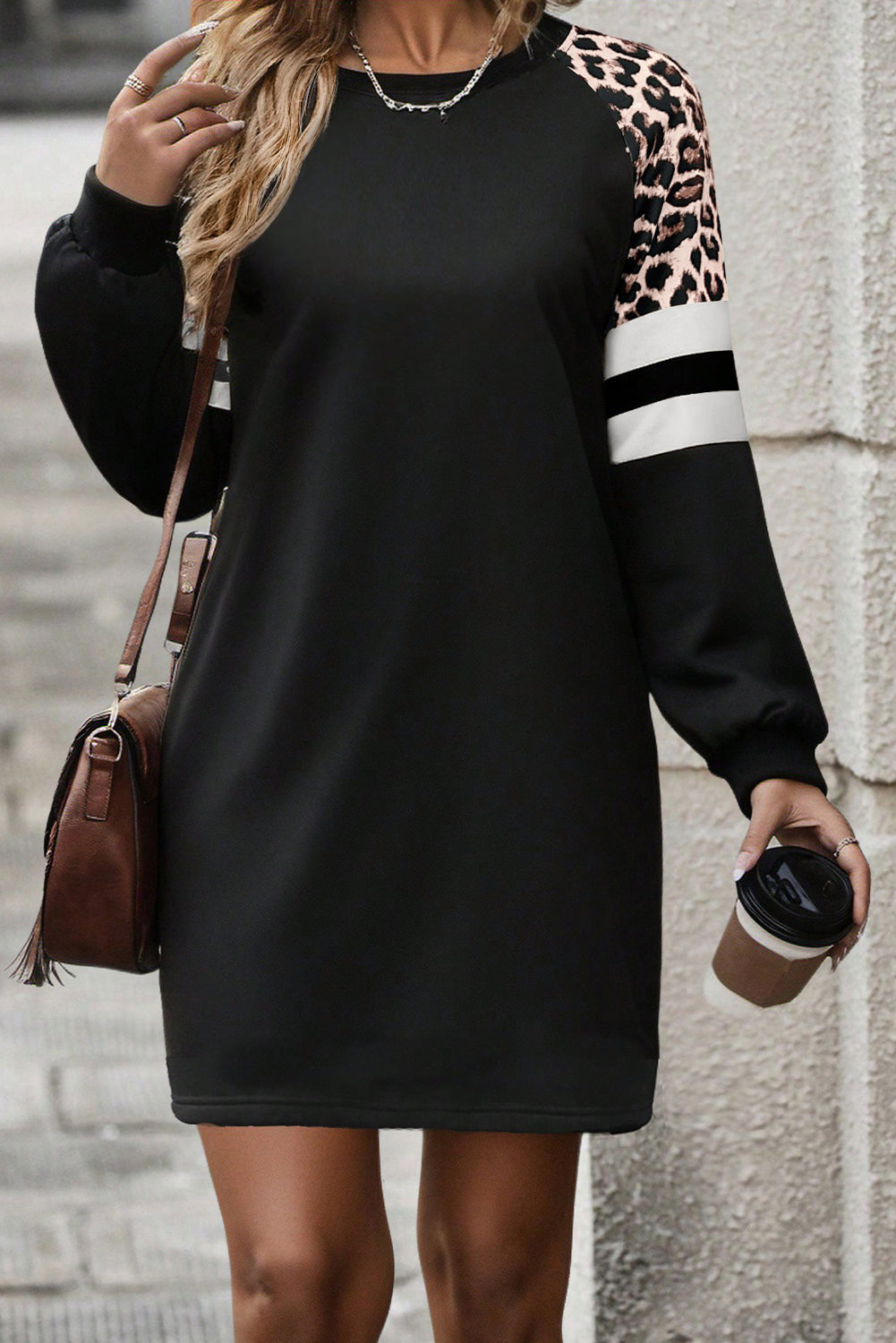 Black Leopard Print Patchwork Varsity Raglan Sleeve Sweatshirt Dress Dear-Lover Dropshipping