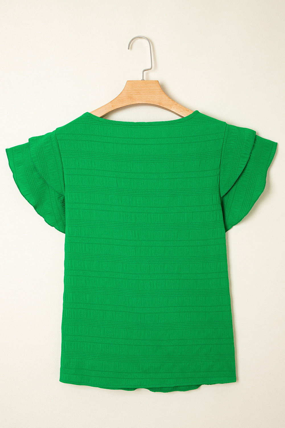 Dark Green Textured Ruffled Sleeve Round Neck Top Dear-Lover Dropshipping