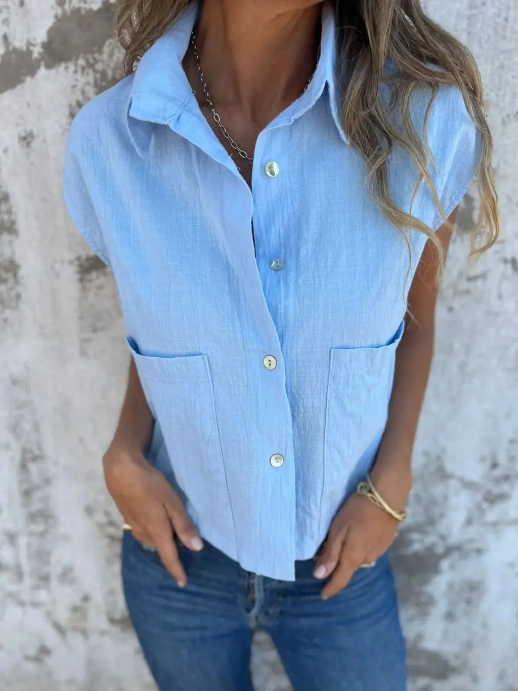 Full Size Textured Button-Front Sleeveless Shirt Plus Size.