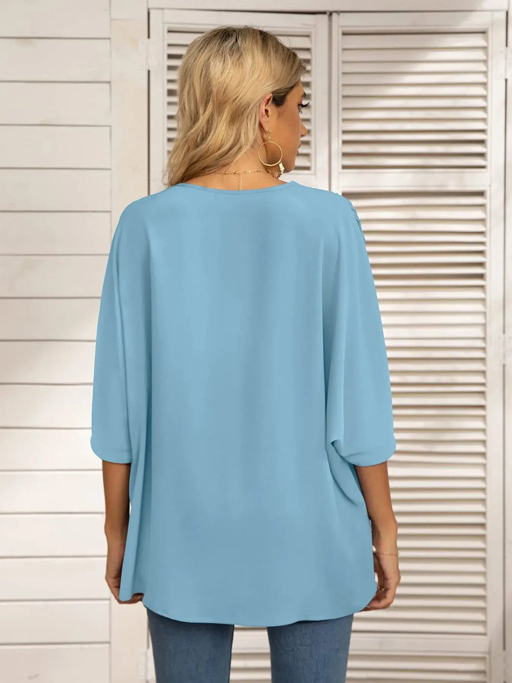 Printed Trim V-Neck Batwing Sleeve Blouse.