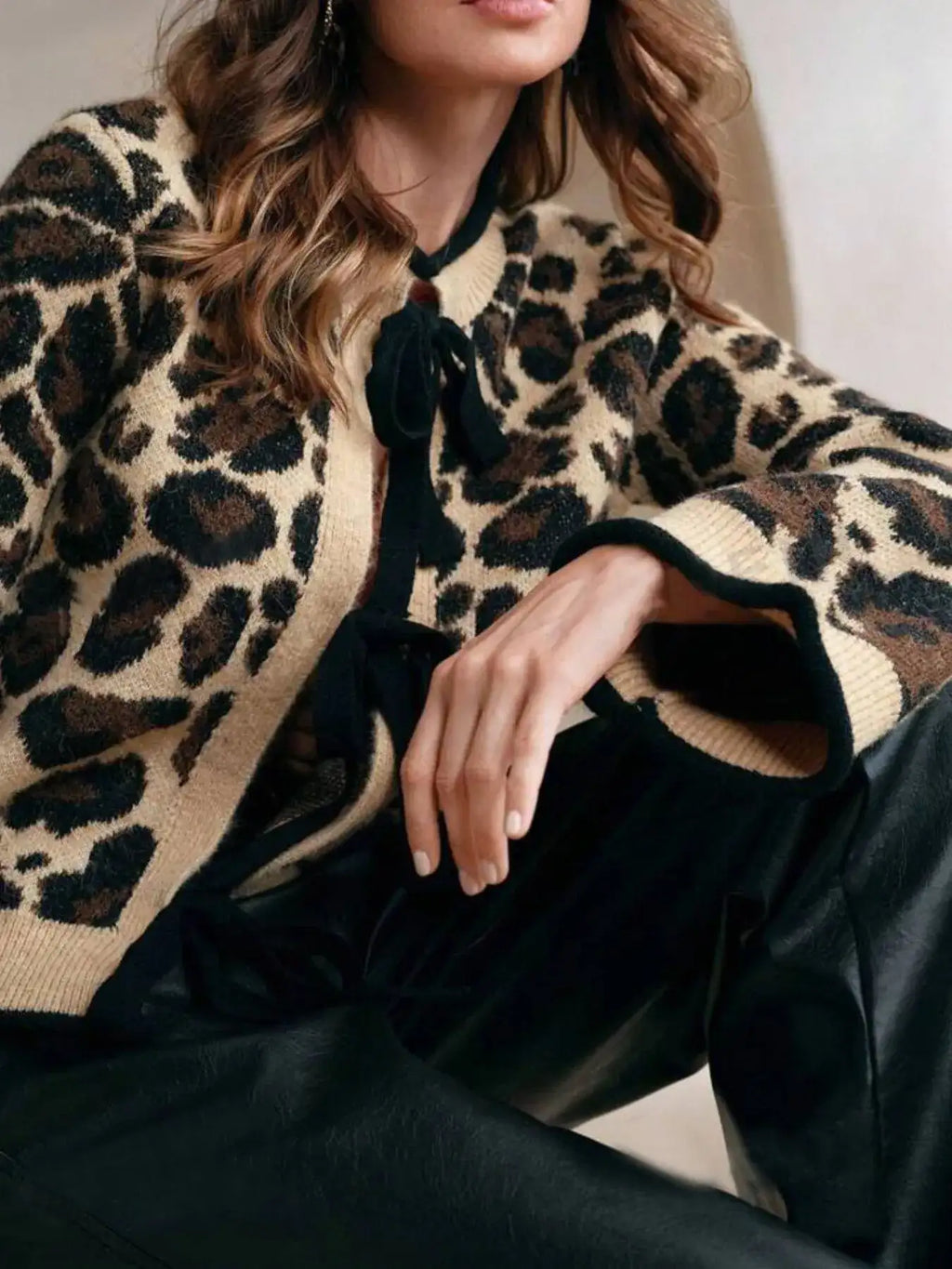 Leopard Print Bow-Tie Front Cropped Cardigan.