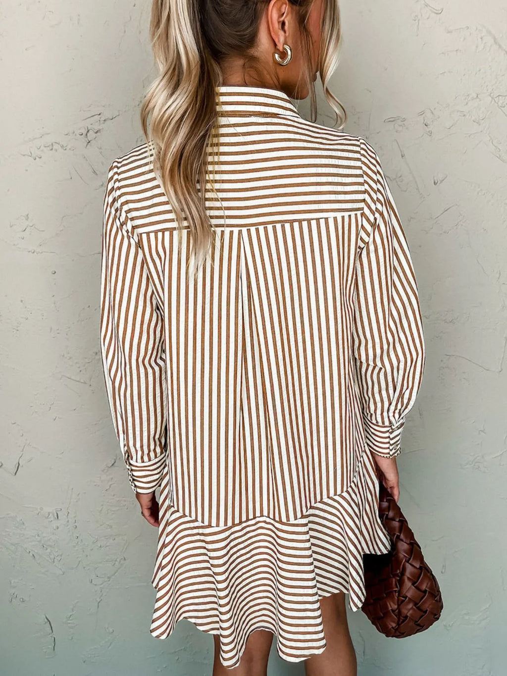 Stripe Ruffled Hem Collared Long Sleeve Shirt Mini Dress.