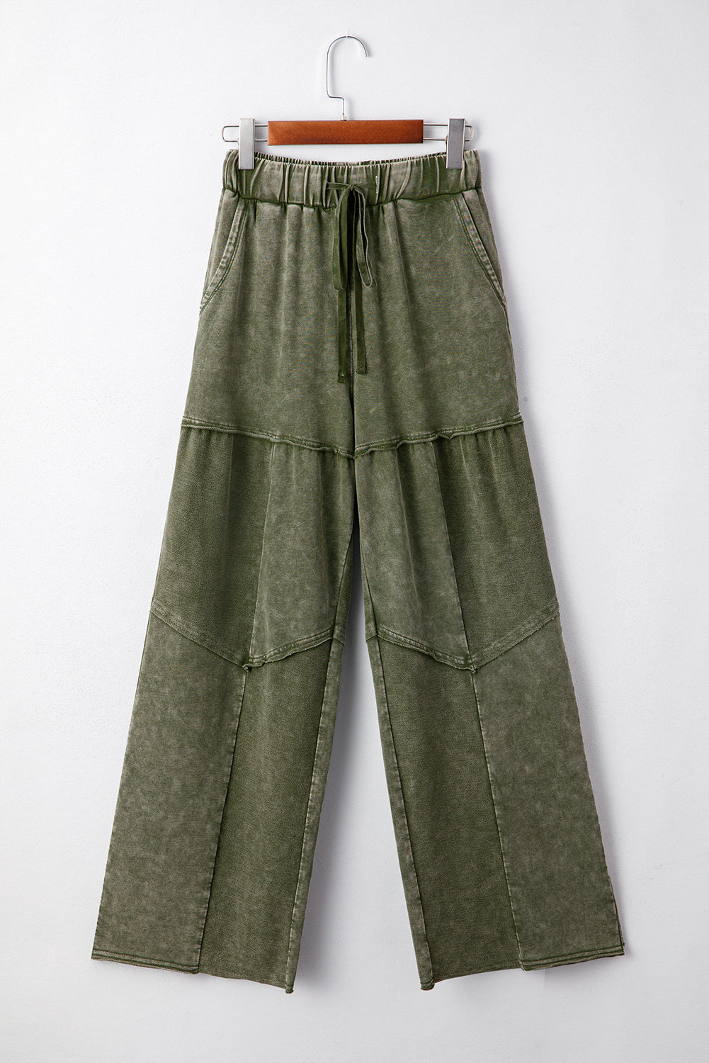 Vineyard Green Mineral Wash Tiered Wide Leg Patchwork Drawstring Pants Dear-Lover Dropshipping