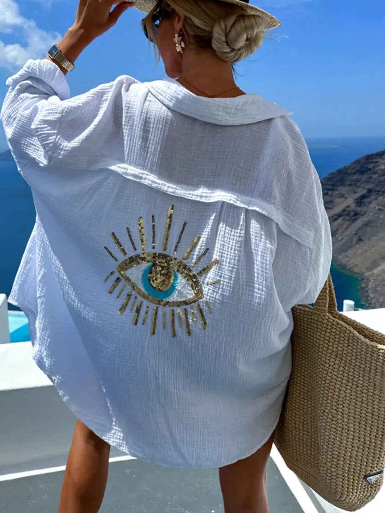 Evil Eye Embroidered Oversized Shirt.
