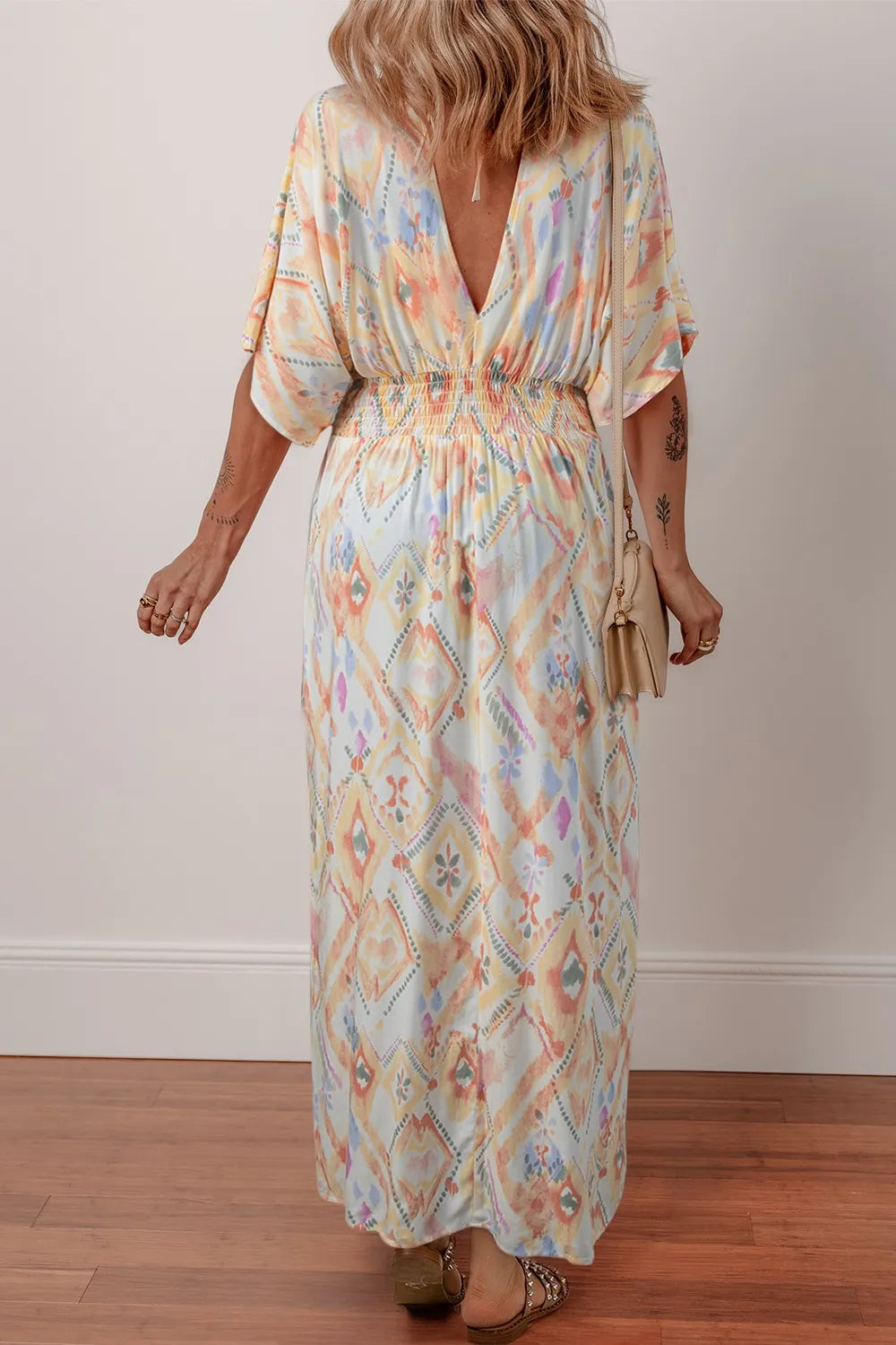 Half Sleeve Shirred High Waist Maxi Dress.