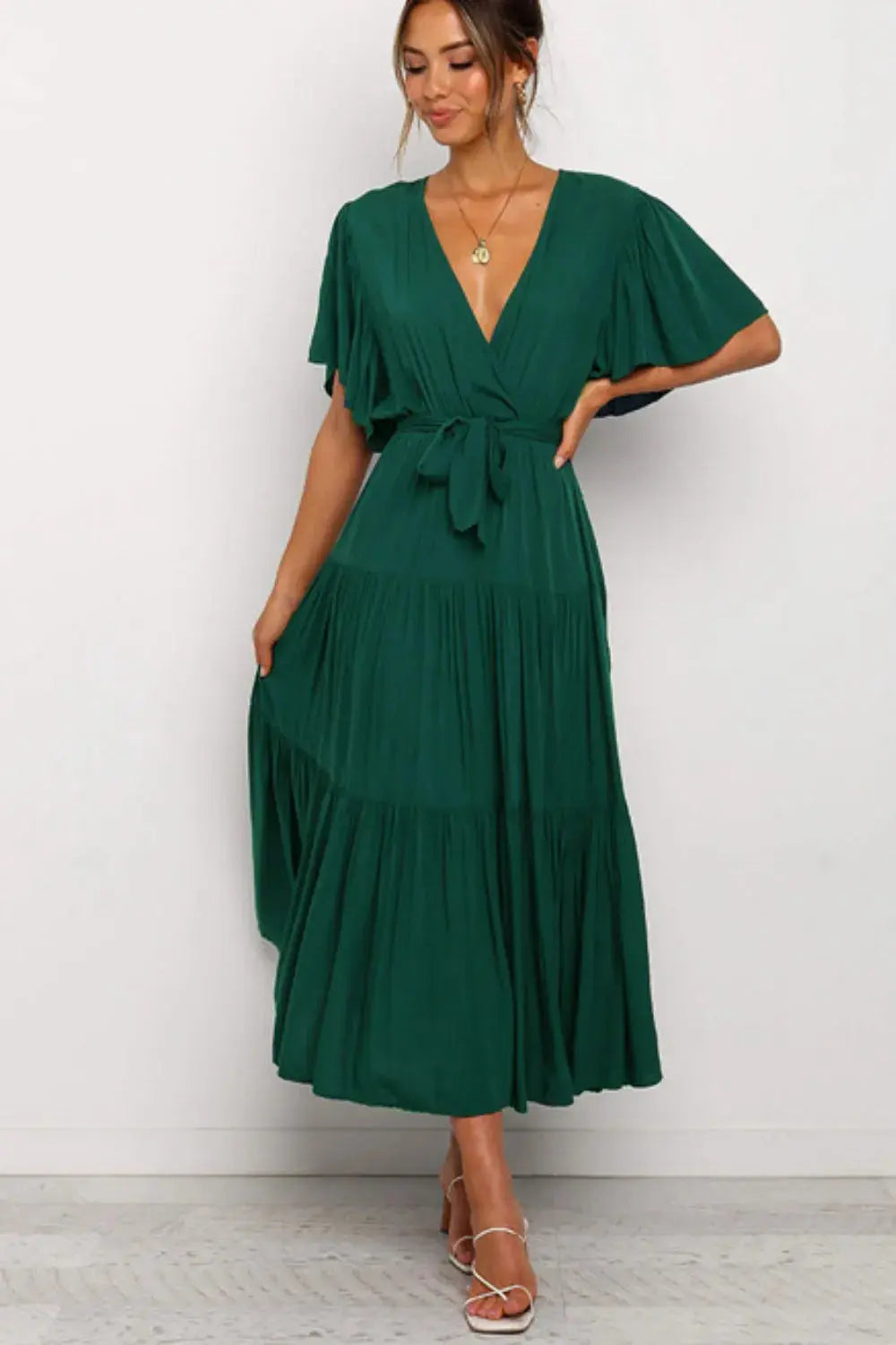 Front Tie Short Sleeve Tiered Midi Dress.