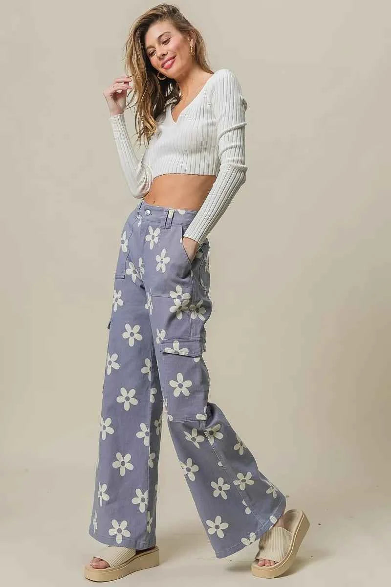 BiBi Flower Printed Side Pocket Wide Pants