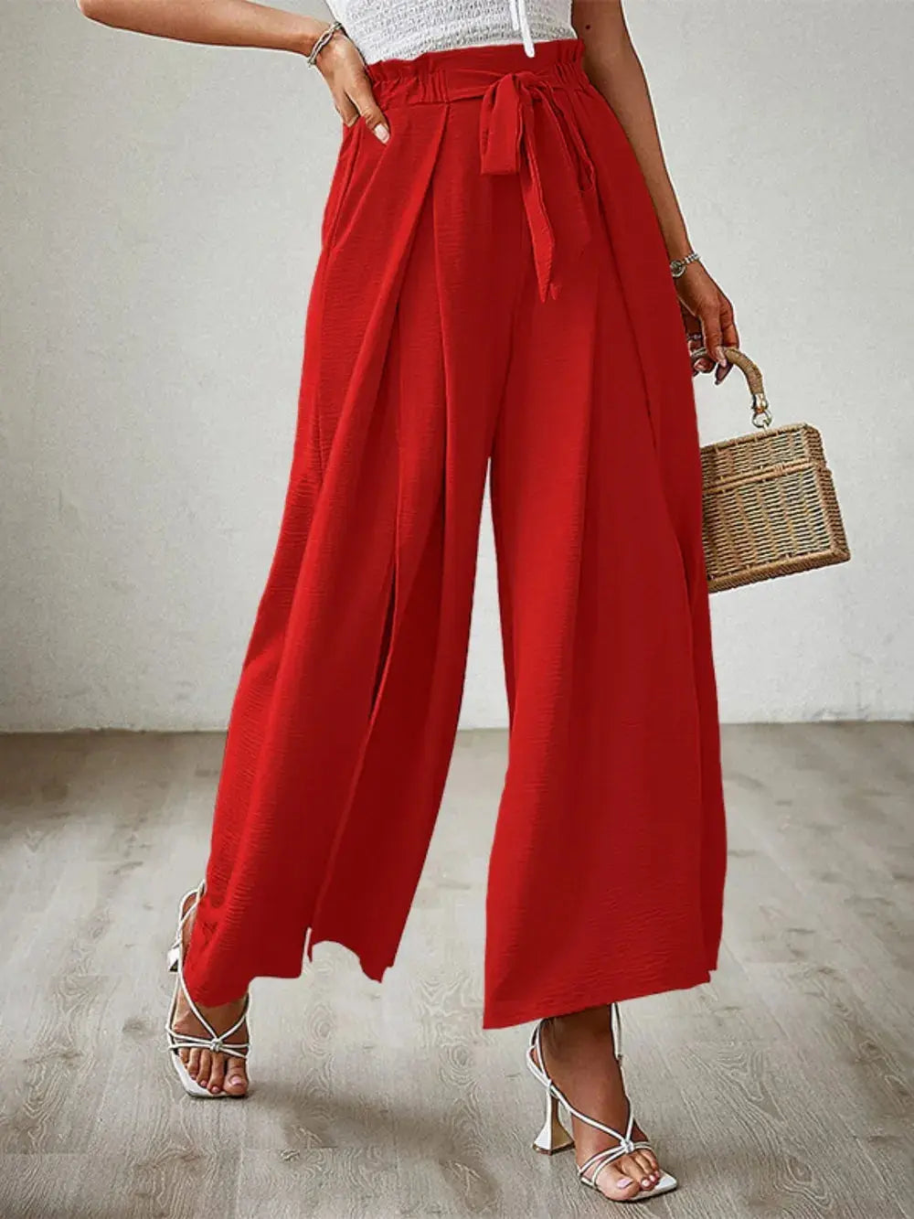 Tied Slit Wide Leg Pants.