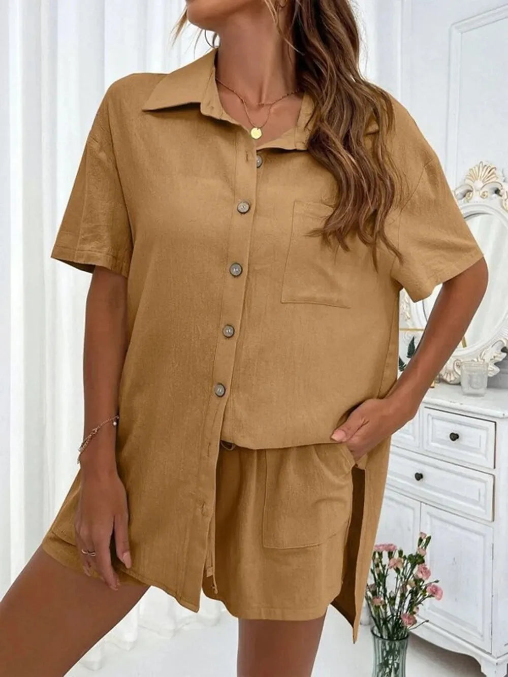 Button Up Shirt and Drawstring Shorts Set - CHIC TB