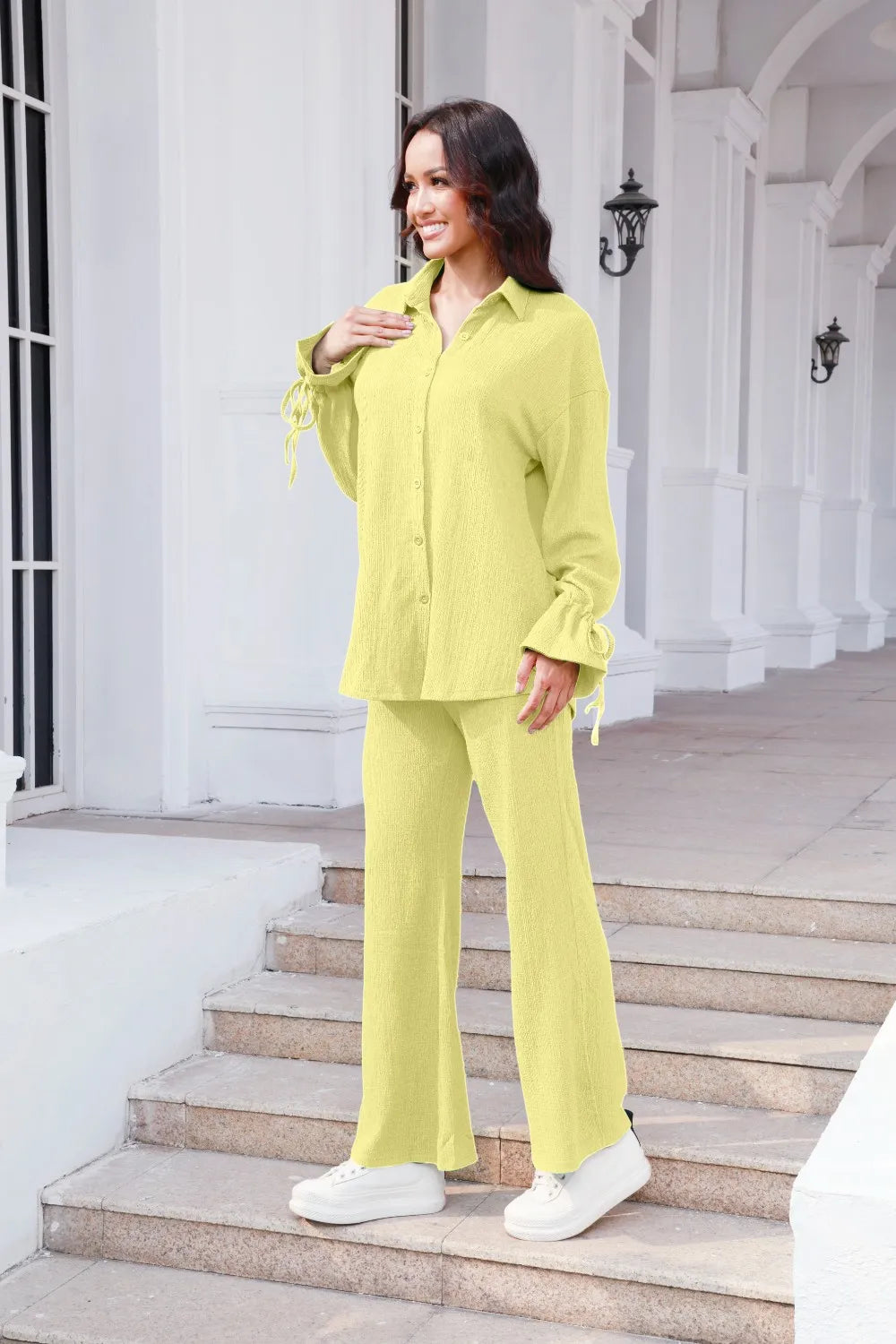Drawstring Flounce Sleeve Shirt and Pants Set - CHIC TB