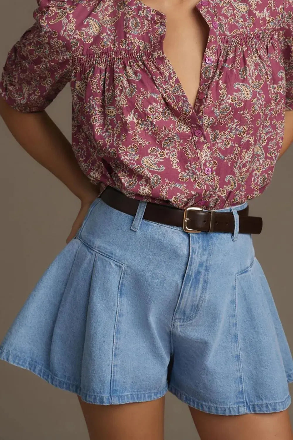 Pleated Patchwork Panel Lightweight Denim Shorts.