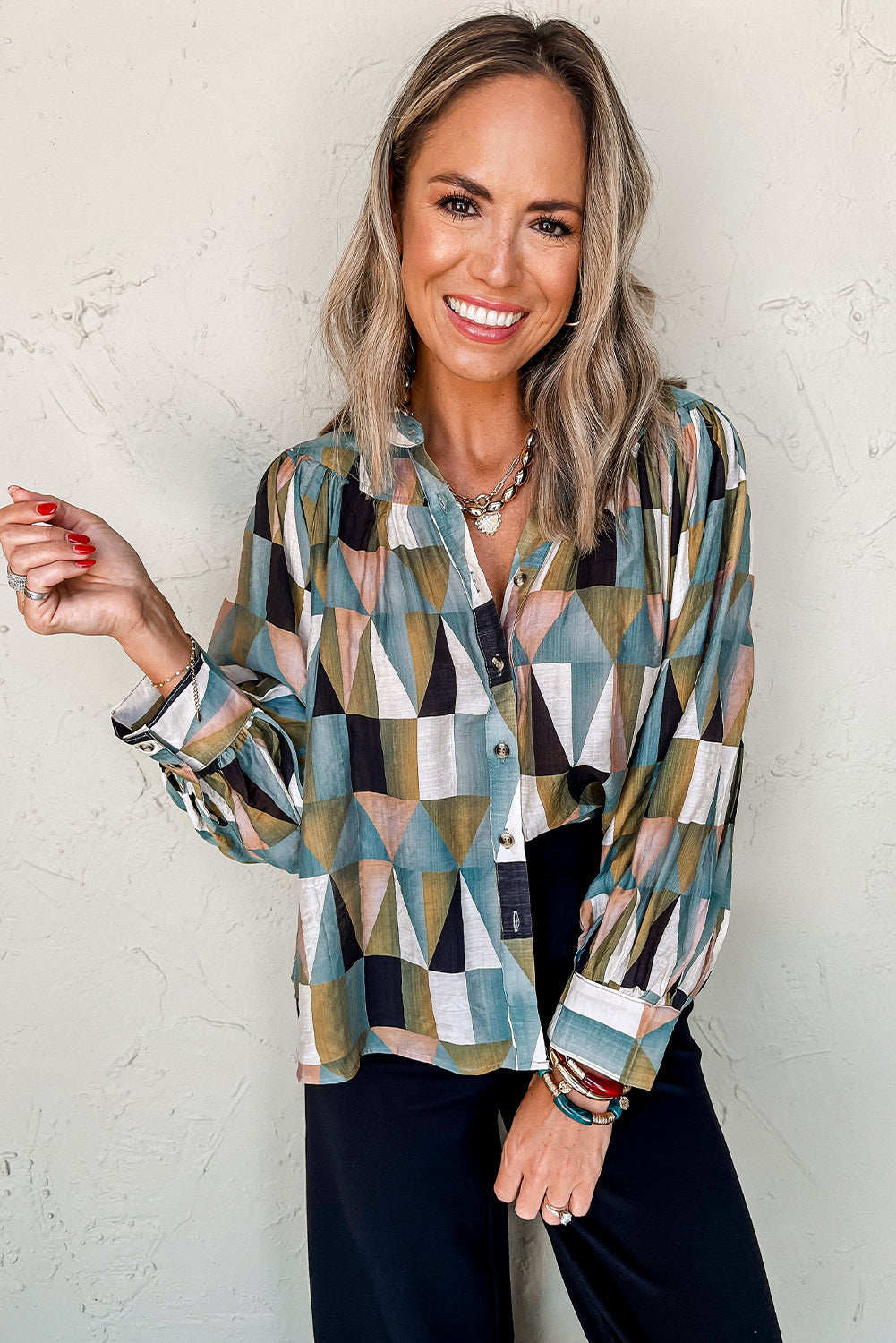Green Geometric Print Buttoned Balloon Sleeve Loose Fit Shirt Dear-Lover Dropshipping