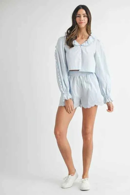 Long Sleeve Scallop Blouse and Shorts Set