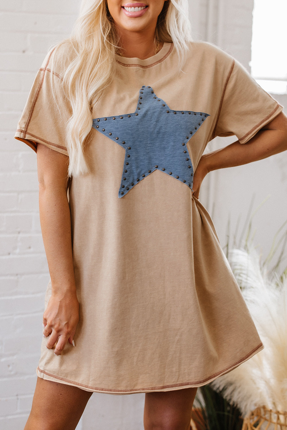 Pale Khaki Mineral Wash Stud Beaded Star Graphic Pocketed T Shirt Dress Dear-Lover Dropshipping