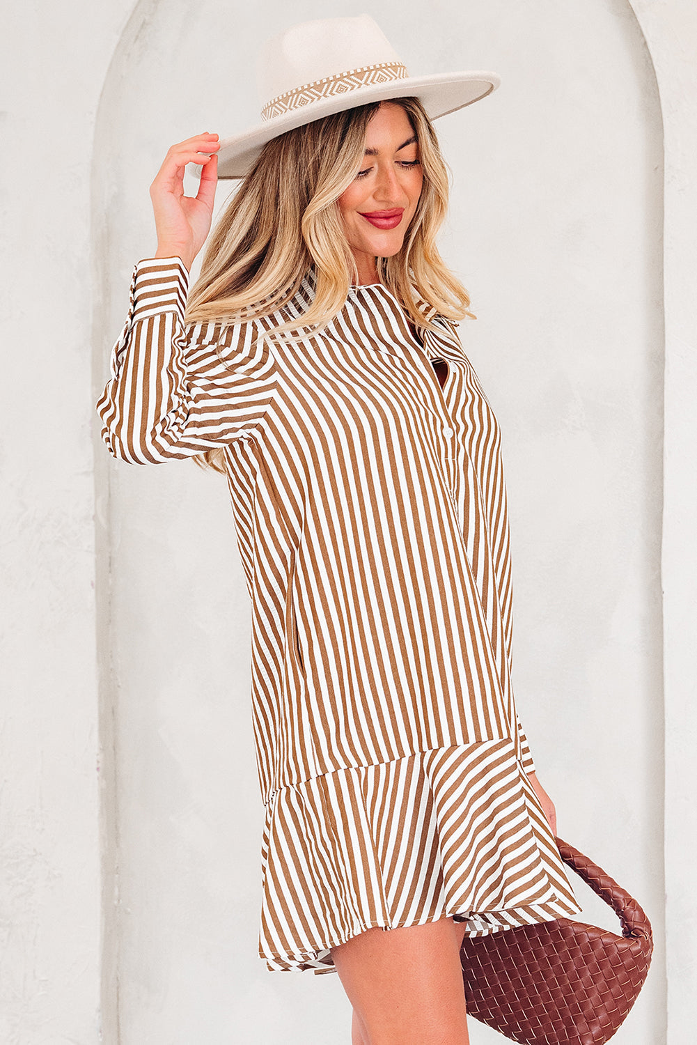 Brown Stripe Ruffled Hem Collared Long Sleeve Shirt Mini Dress Dear-Lover Dropshipping
