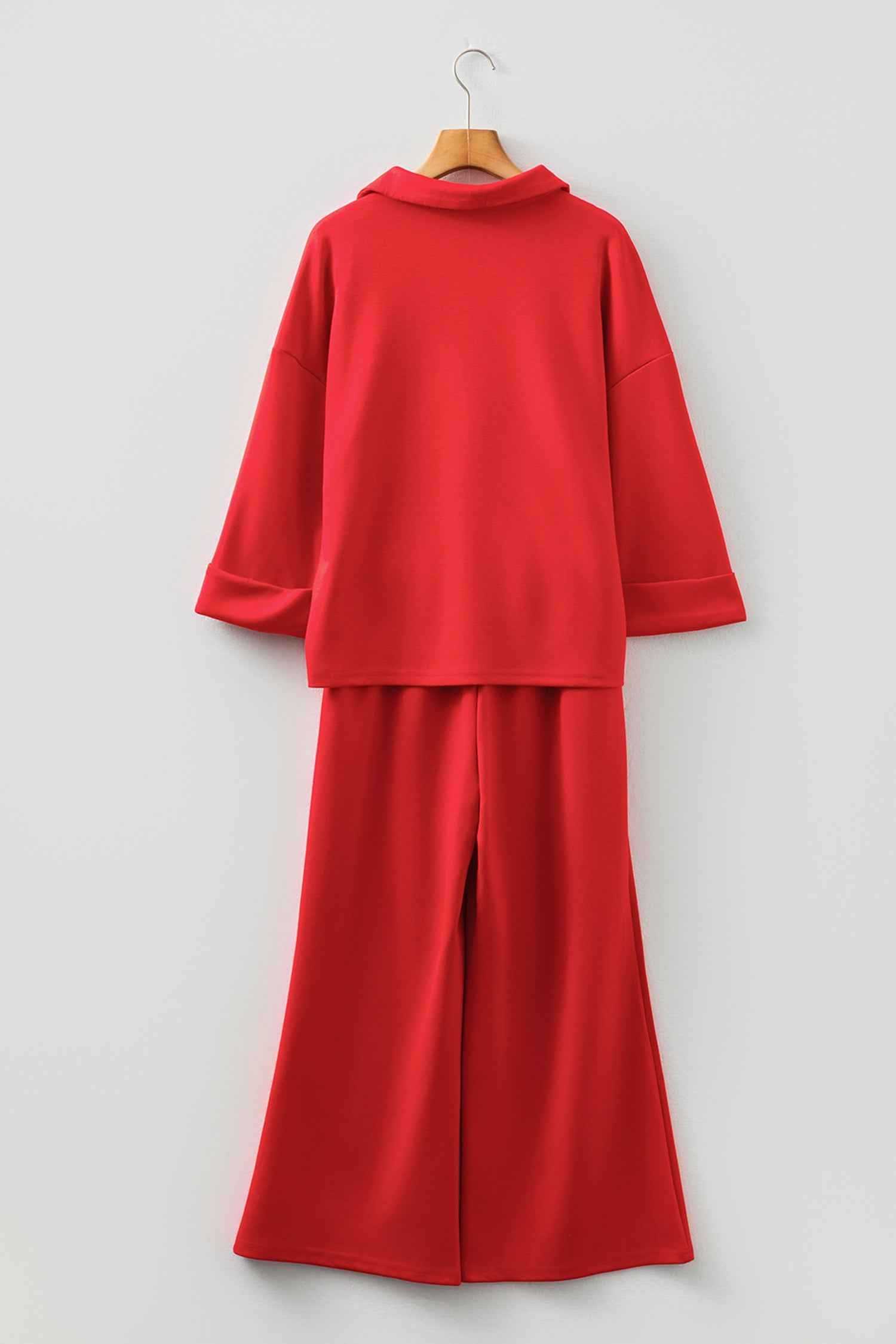 Fiery Red Polo Collar V Neck 3/4 Sleeve Pullover Drawstring Bell Bottom Pants 2pcs Set