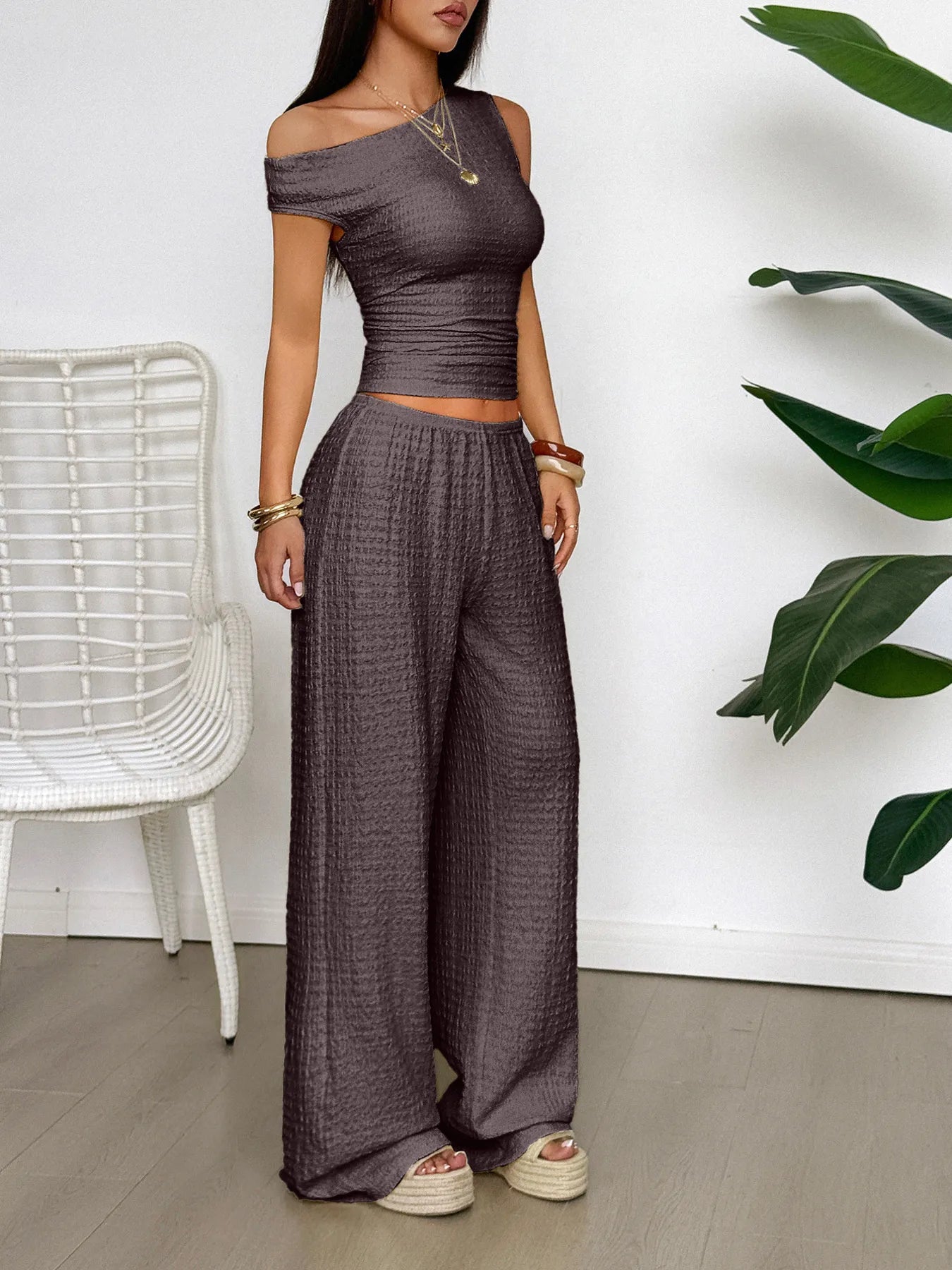One Shoulder Top and Wide Leg Pants Set.
