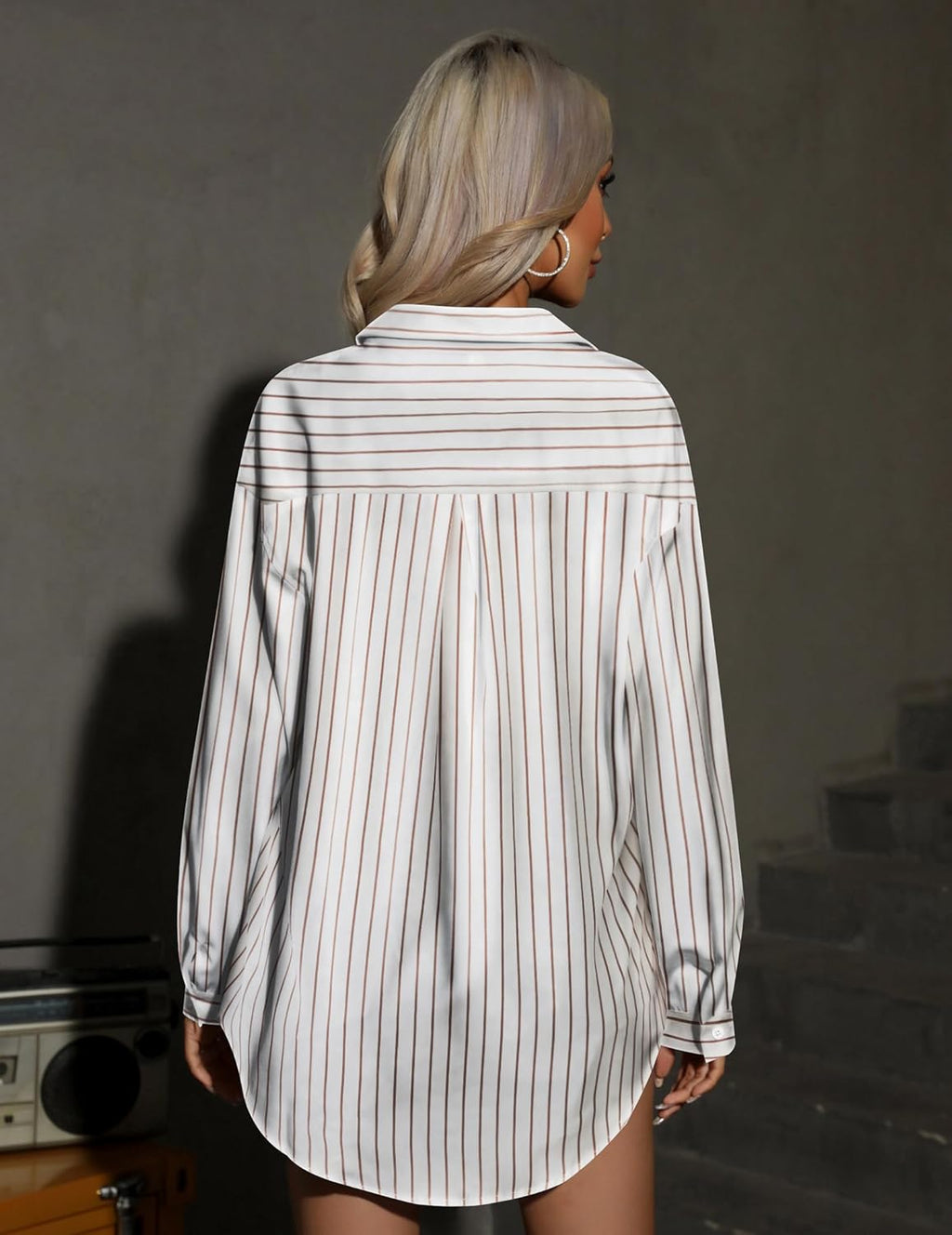 HOTOUCH Women Button down Striped Shirts Drop Shoulder Blouse Long Sleeve Oversized Shirt with Pocket