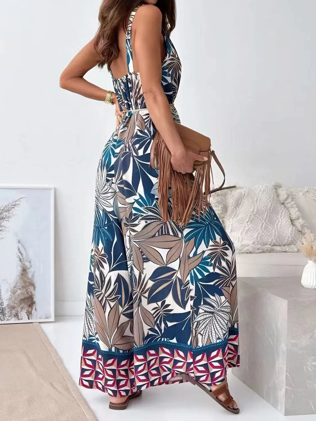 Printed V-Neck Wide Leg Jumpsuit.