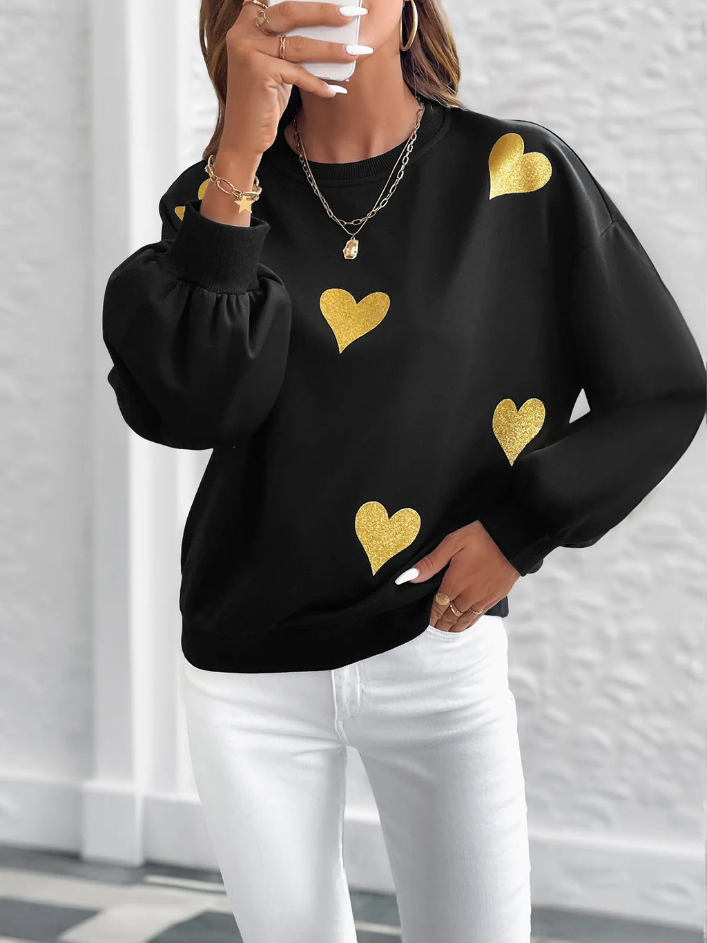 Heart Print Long Sleeve Sweatshirt.