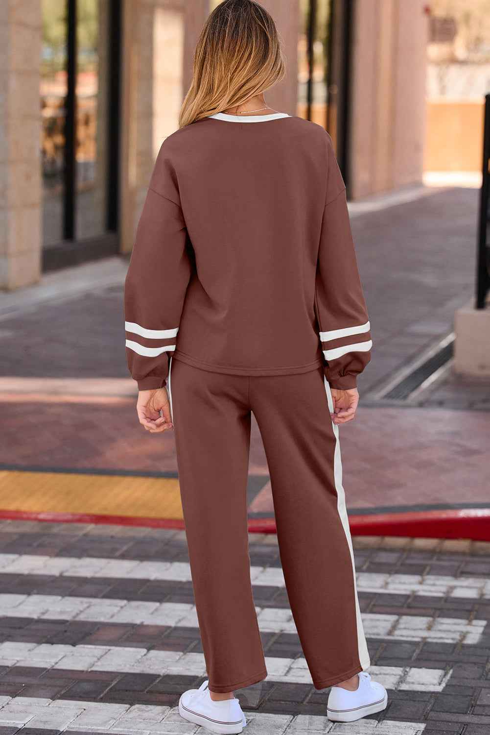 Chestnut Varsity Stripe Patchwork Puff Sleeve Pullover Drawstring Wide Leg Pant Set
