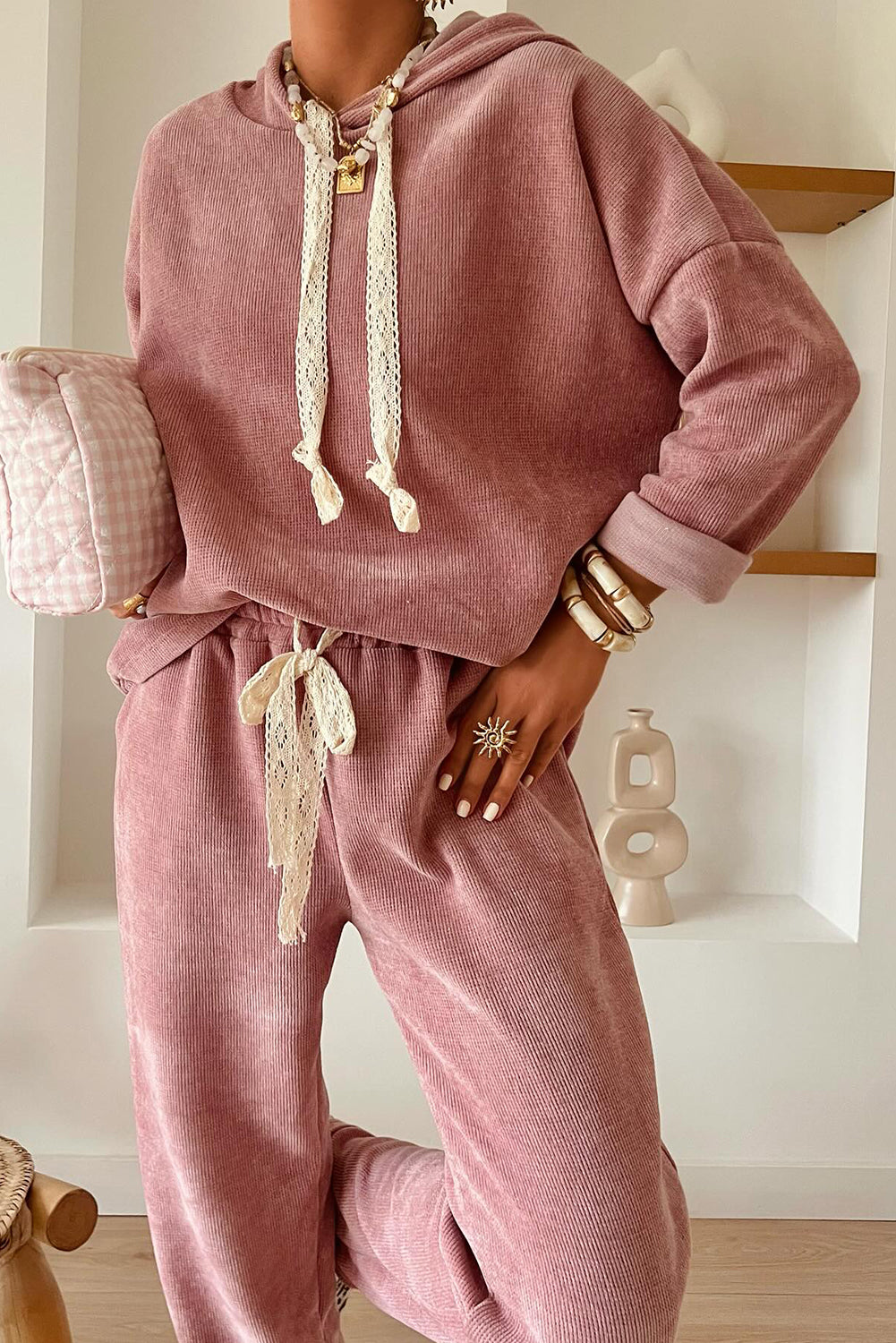 Rose Tan Lace Drawstring Pullover Hoodie and High Waist Pants Corduroy Suit Dear-Lover Dropshipping